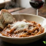 Il piatto finale servito in ceramica rustica trippa fumante coperta da una nevicata di parmigiano, con pane toscano e vino rosso a lato