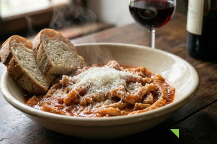 Il piatto finale servito in ceramica rustica trippa fumante coperta da una nevicata di parmigiano, con pane toscano e vino rosso a lato