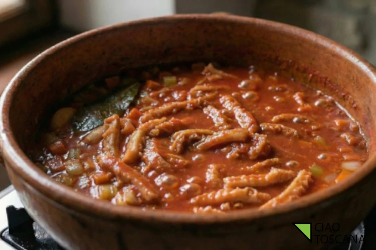 Il tegame di terracotta è sul fuoco senza coperchio il sugo si è ritirato diventando denso, cremoso e di un rosso scuro intenso