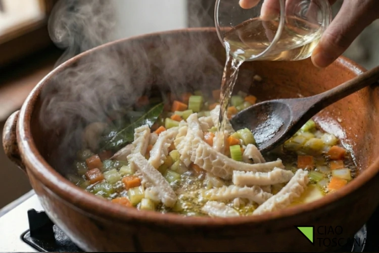 Il vino bianco viene versato nel tegame bollente, generando una voluminosa nuvola di vapore che avvolge la carne