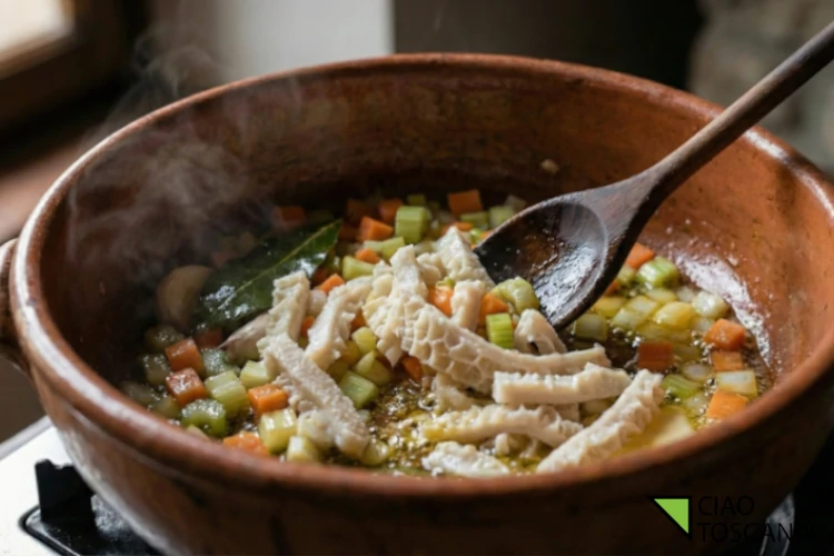 La trippa bianca è stata appena aggiunta nel coccio scuro e viene amalgamata al soffritto con un cucchiaio di legno vissuto