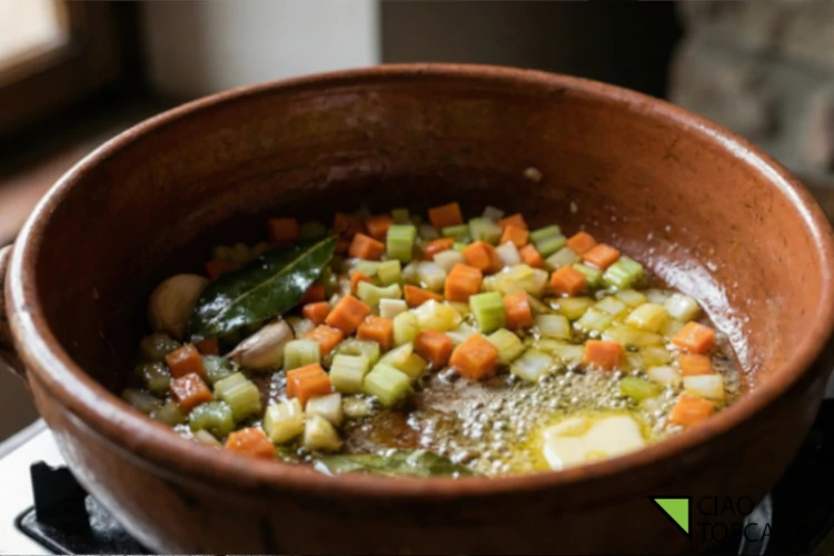 Un soffritto lucido di carote, sedano e cipolla sfrigola in un mix di burro e olio