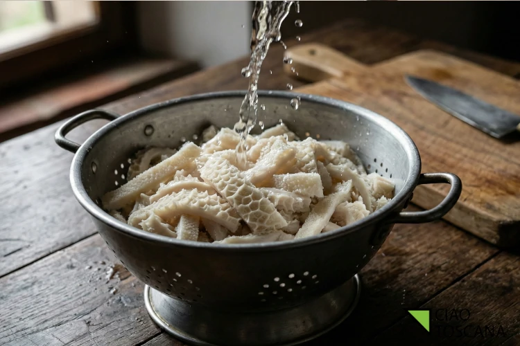 L'acqua corrente sciacqua le striscioline di trippa bianca, evidenziandone la texture a nido d'ape