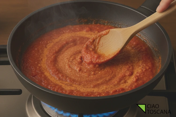 Cuocere lentamente e aggiungere i pomodori Cuocere lentamente e aggiungere i pomodori