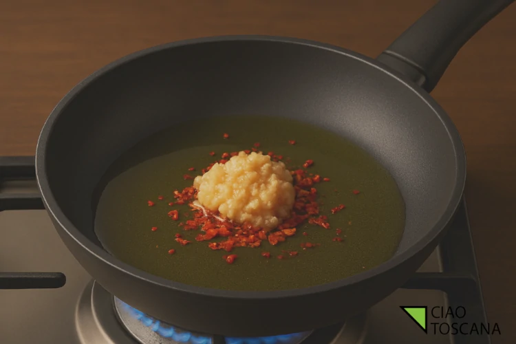 Sciogliere l'aglione in padella con olio e peperoncino Sciogliere l'aglione in padella con olio e peperoncino