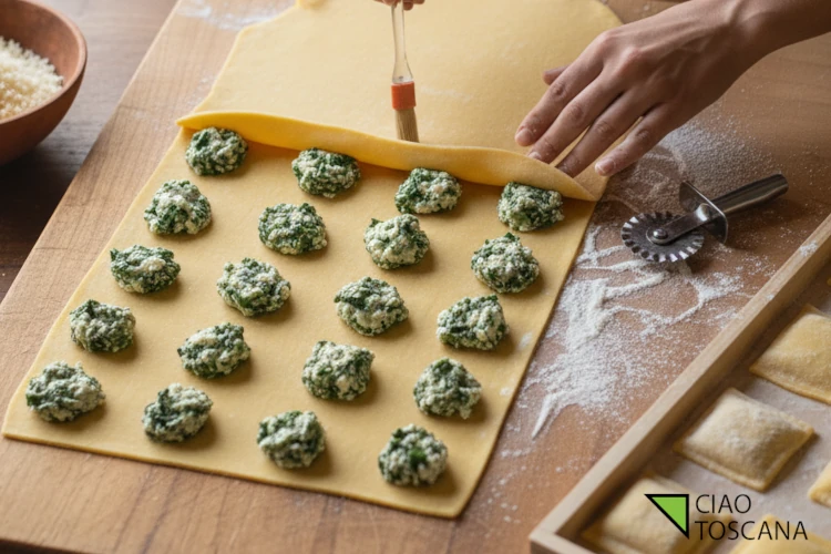 Chiusura dei tortelli maremmani con ripieno di ricotta e spinaci