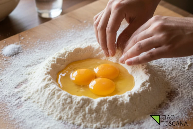 Impasto farina e uova per sfoglia tortelli maremmani