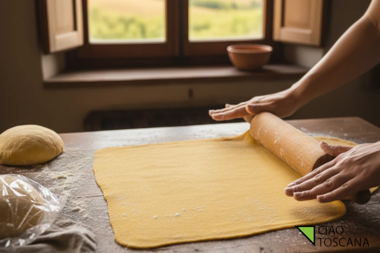 Stesura della sfoglia sottile con il mattarello