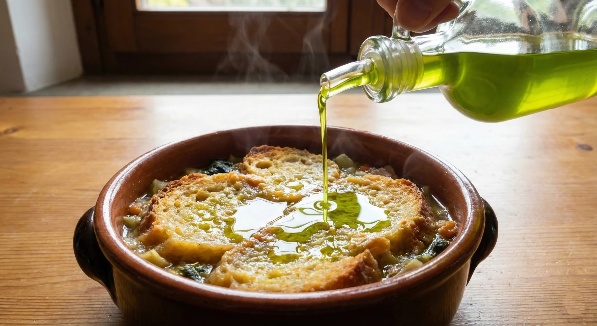 A drizzle of extra virgin olive oil crowns a hearty bowl of Tuscan ribollita