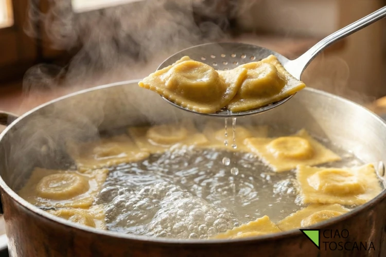 Appena i tortelli salgono a galla nell'acqua bollente, scolali con delicatezza usando una schiumarola per non rompere la pasta fresca Appena i tortelli salgono a galla nell'acqua bollente, scolali con delicatezza usando una schiumarola per non rompere la pasta fresca