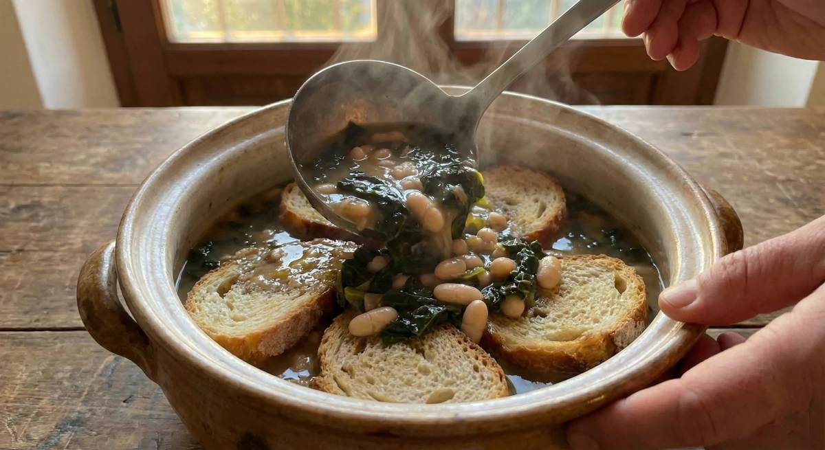 Assembling ribollita layers of stale Tuscan bread alternated with ladlefuls of hot soup in a serving bowl