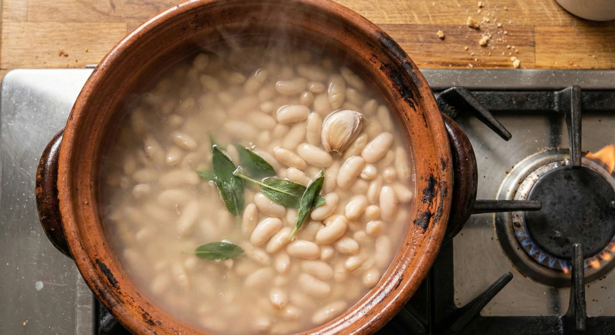 Cannellini beans slowly simmering in a terracotta pot with garlic and sage
