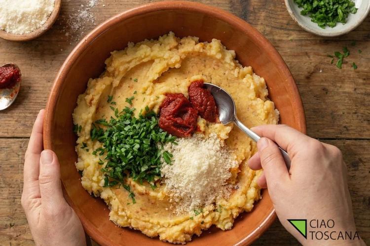 Il compenso (ripieno) prende forma uniamo alle patate il soffritto di aglio, prezzemolo e concentrato per quel tipico sapore del Mugello Il compenso (ripieno) prende forma uniamo alle patate il soffritto di aglio, prezzemolo e concentrato per quel tipico sapore del Mugello