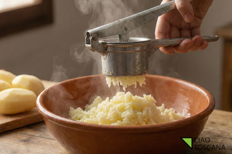 Il segreto chimico schiacciare le patate bianche ancora fumanti permette all'acqua in eccesso di evaporare, garantendo un ripieno asciutto Il segreto chimico schiacciare le patate bianche ancora fumanti permette all'acqua in eccesso di evaporare, garantendo un ripieno asciutto