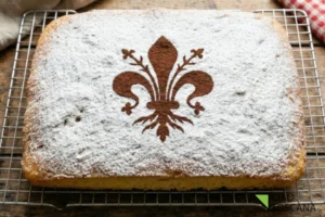 Il tocco finale decorazione con abbondante zucchero a velo e lo stencil del Giglio di Firenze in cacao amaro