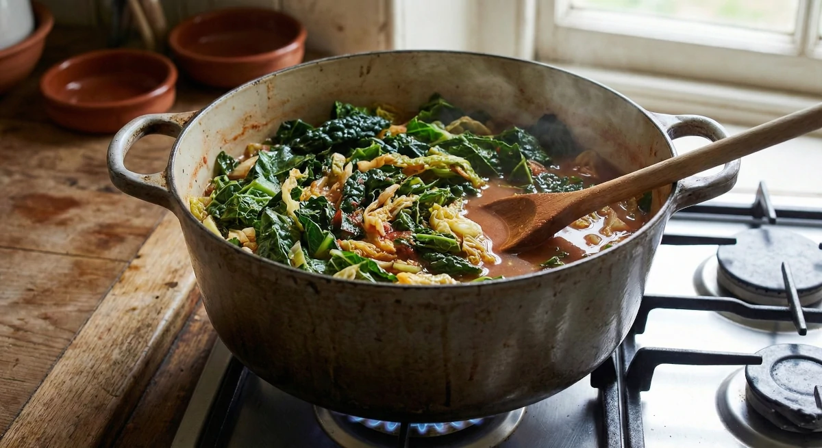 Large pot with cavolo nero, Swiss chard and savoy cabbage wilting in the broth, stirred with a wooden ladle