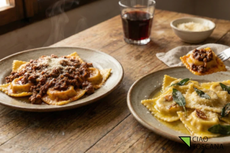 L'autentico sapore del Mugello i nostri Tortelli fatti a mano, serviti con il classico ragù toscano o con burro e salvia. Il finale perfetto per la tua guida alla pasta fresca