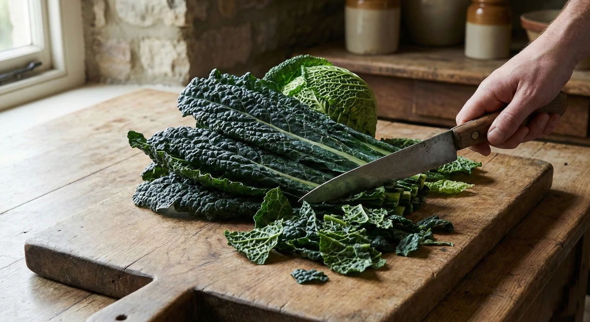 Tuscan Ribollita slowly simmering, with seasonal leafy greens gently melting into the broth
