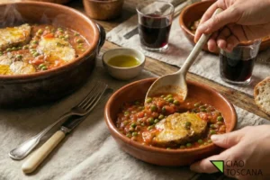 Palombo alla livornese con piselli - piatto finito servito caldo con olio extravergine