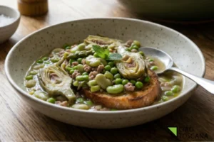 Piatto fumante di Garmugia lucchese servita tradizionalmente su fette croccanti di pane toscano tostato.