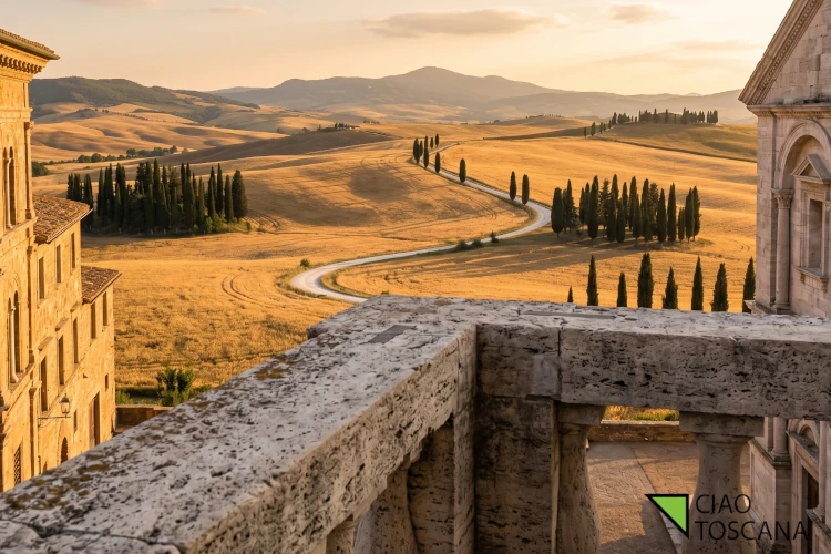 Belvedere di Pienza al tramonto con colline della Val d'Orcia Belvedere di Pienza al tramonto con colline della Val d'Orcia
