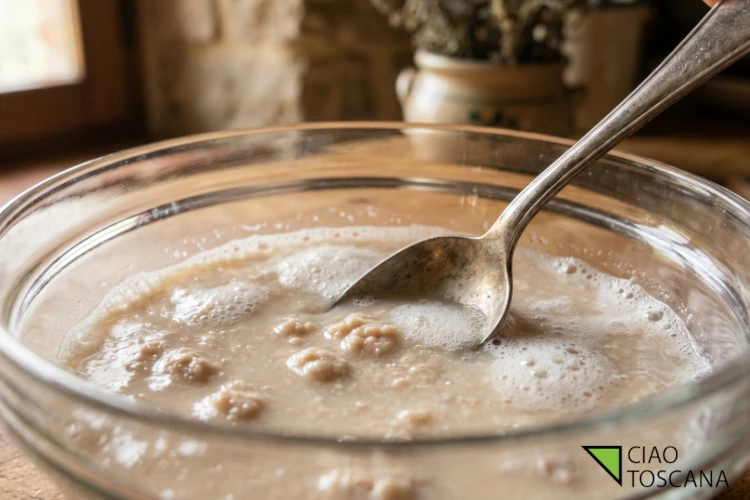 Dettaglio del lievito di birra fresco che si scioglie e crea una leggera schiuma nell'acqua tiepida, il primo passo fondamentale per attivare l'impasto delle ficattole