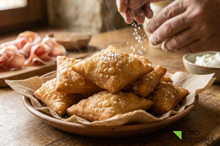 Ficattole toscane calde e croccanti appena scolate, spolverate con grani di sale grosso e pronte per essere gustate con salumi e stracchino