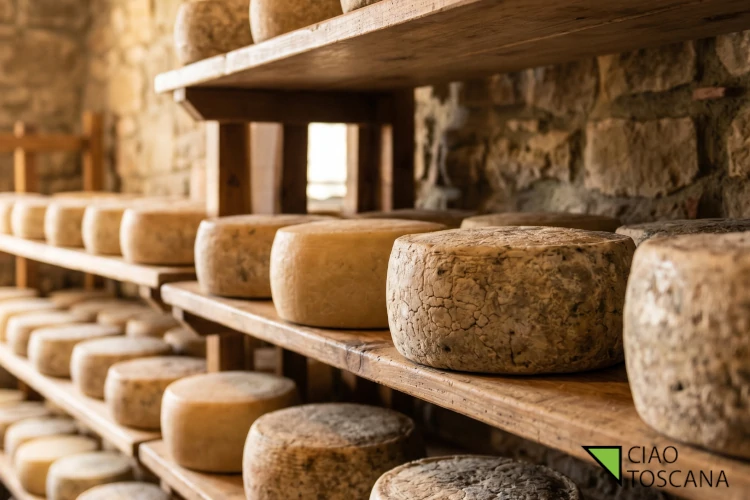Forme di pecorino di Pienza in una bottega tradizionale della Val d'Orcia