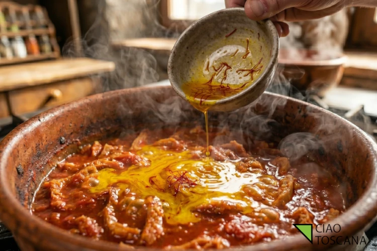 Lenta cottura della trippa alla volterrana il momento in cui l'infuso di zafferano si unisce al sugo di pomodoro