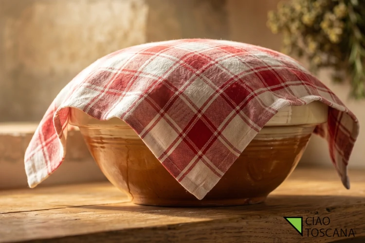 L'impasto delle ficattole messo a riposare al caldo dentro una ciotola rustica, coperto da un canovaccio per la prima lievitazione di 60 minuti