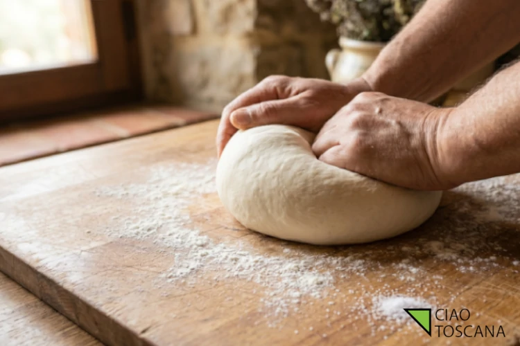 Mani che lavorano energicamente la pasta su una spianatoia di legno infarinata, impastando fino a ottenere un panetto liscio, elastico e non appiccicoso