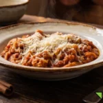Piatto fumante di trippa alla lucchese ricetta originale, servita con abbondante pecorino