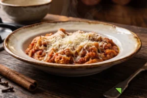Piatto fumante di trippa alla lucchese ricetta originale, servita con abbondante pecorino