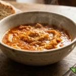 Piatto fumante di trippa alla volterrana ricetta originale, guarnito con nepitella e fette di pane toscano