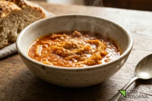 Piatto fumante di trippa alla volterrana ricetta originale, guarnito con nepitella e fette di pane toscano