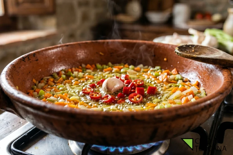 Soffritto di verdure, aglio intero e peperoncino che sfrigola in olio extravergine d'oliva in padella