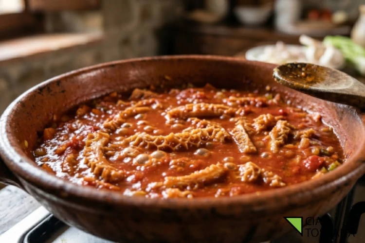 Trippa che sobbolle a fuoco lento immersa in un denso sugo di pomodoro rosso vivo
