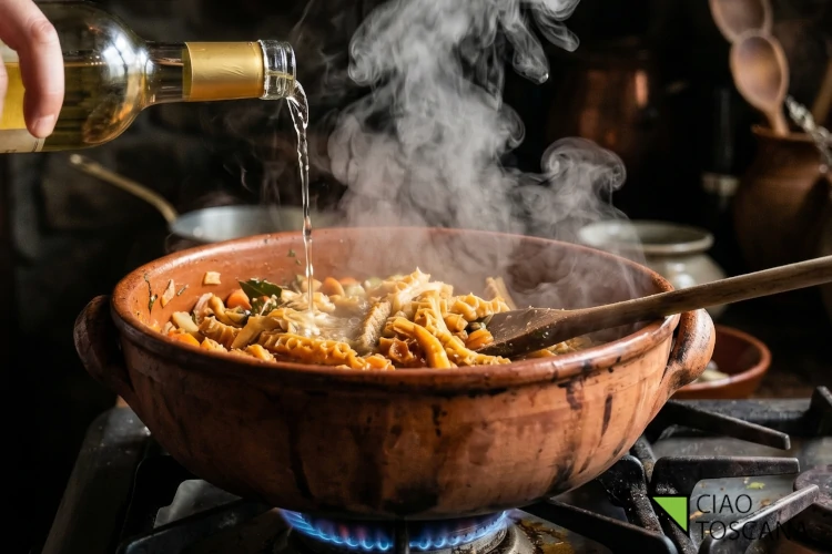 Vino bianco versato sulla trippa in cottura in pentola di terracotta, con vapore in sospensione