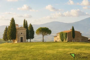 Panoramica della Cappella di Vitaleta e cipressi nella campagna senese
