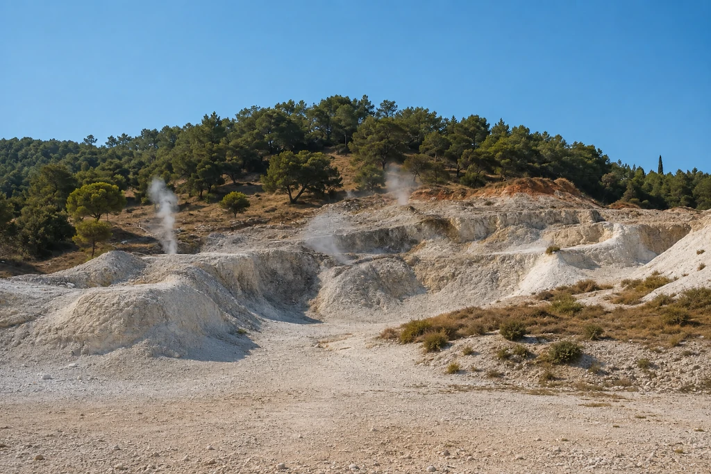 Parco delle Biancane a Monterotondo Marittimo: rocce bianche e fumarole nel paesaggio geotermico toscano