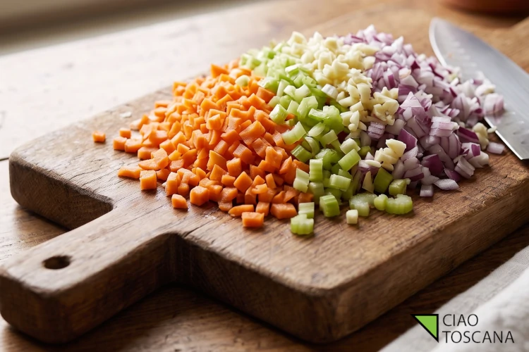 Battuto rustico di sedano, carota, cipolla rossa toscana e aglio per il soffritto del ragù Battuto rustico di sedano, carota, cipolla rossa toscana e aglio per il soffritto del ragù