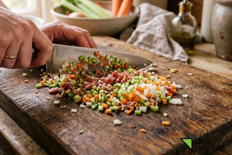 Il battuto aromatico finissimo, base essenziale del ragù all'aretina Il battuto aromatico finissimo, base essenziale del ragù all'aretina