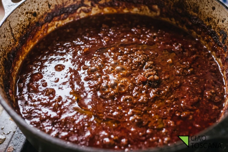 Il ragù alla chiantigiana dopo ore di sobbollitura lenta denso, vellutato e di un rosso scuro e profondo, con i tannini del vino ormai integrati Il ragù alla chiantigiana dopo ore di sobbollitura lenta denso, vellutato e di un rosso scuro e profondo, con i tannini del vino ormai integrati