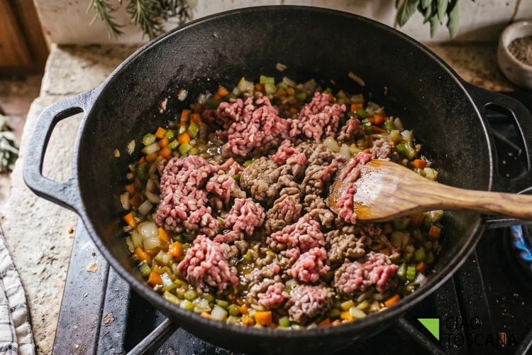 La Chianina macinata in fase di rosolatura nel tegame. È fondamentale aspettare che la carne prenda un bel colore bruno prima di procedere La Chianina macinata in fase di rosolatura nel tegame. È fondamentale aspettare che la carne prenda un bel colore bruno prima di procedere