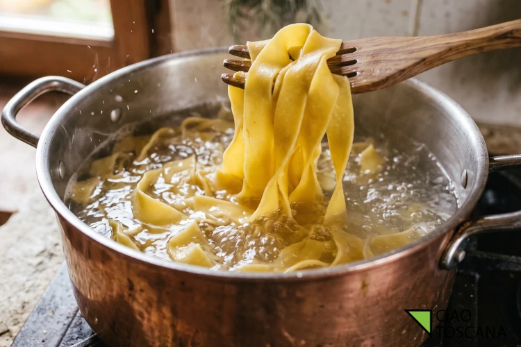 Le pappardelle fresche cuociono in pochi minuti. Devono essere scolate ben al dente per completare la cottura direttamente nel sugo Le pappardelle fresche cuociono in pochi minuti. Devono essere scolate ben al dente per completare la cottura direttamente nel sugo