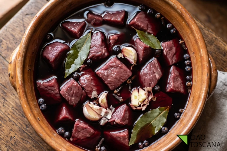 Lepre in marinatura nel vino Chianti Classico con bacche di ginepro, alloro e spezie per togliere il sapore di selvatico