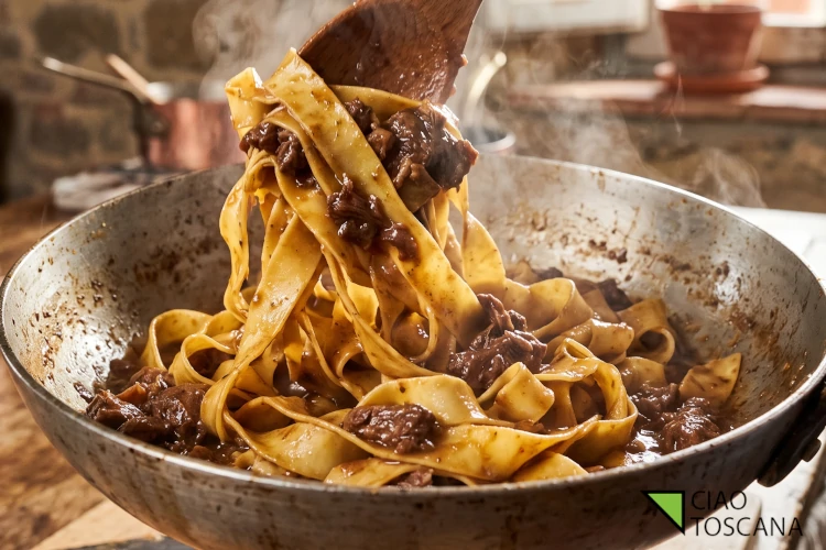 Mantecatura finale a fuoco vivo delle pappardelle fresche avvolte dal ricco ragù di lepre