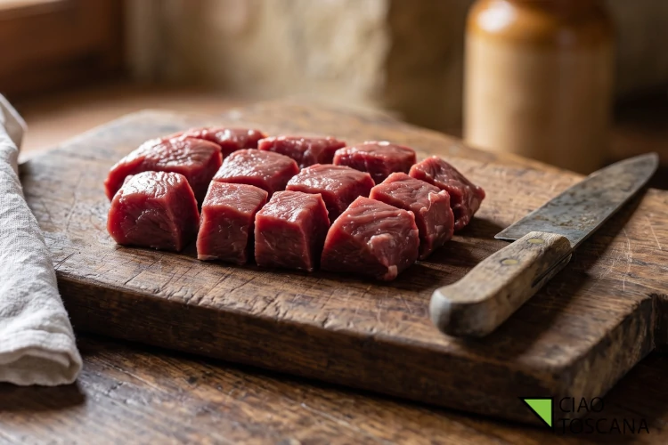 Pezzi di carne di lepre cruda tagliati e puliti su un tagliere in legno, pronti per la marinatura Pezzi di carne di lepre cruda tagliati e puliti su un tagliere in legno, pronti per la marinatura