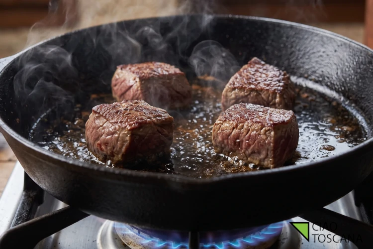 Rosolatura a fuoco vivo della carne di lepre nel tegame per sigillare i succhi e creare la crosta aromatica Rosolatura a fuoco vivo della carne di lepre nel tegame per sigillare i succhi e creare la crosta aromatica