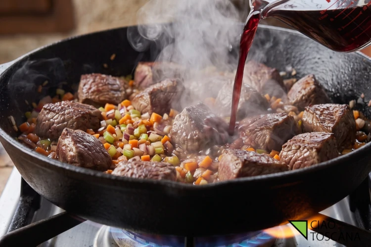 Sfumatura della carne con il vino rosso della marinatura filtrato per deglassare il fondo di cottura Sfumatura della carne con il vino rosso della marinatura filtrato per deglassare il fondo di cottura